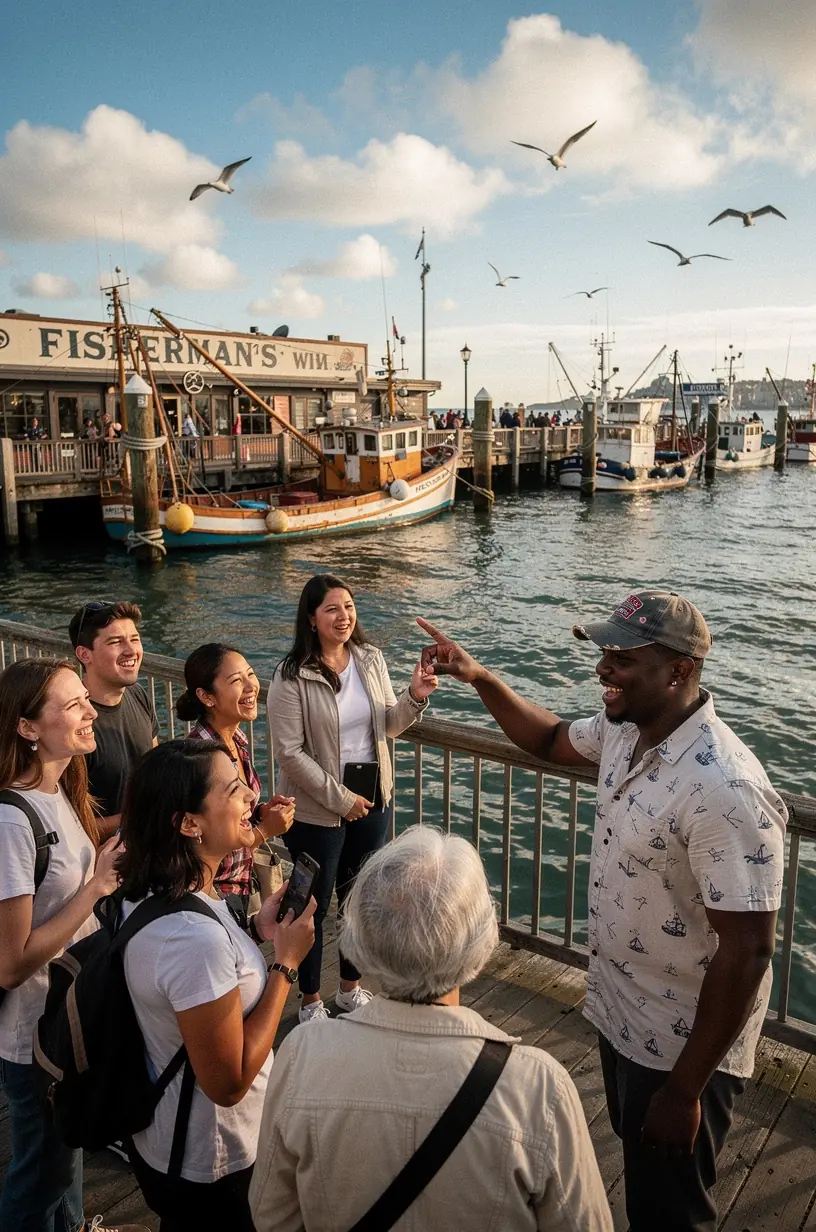 Tour guide sharing local legends during city tour.